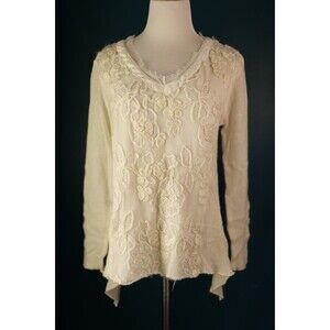 Saks Fifth Avenue Long Sleeve Boho Blouse Ivory Embroidered Lace Italian Made S